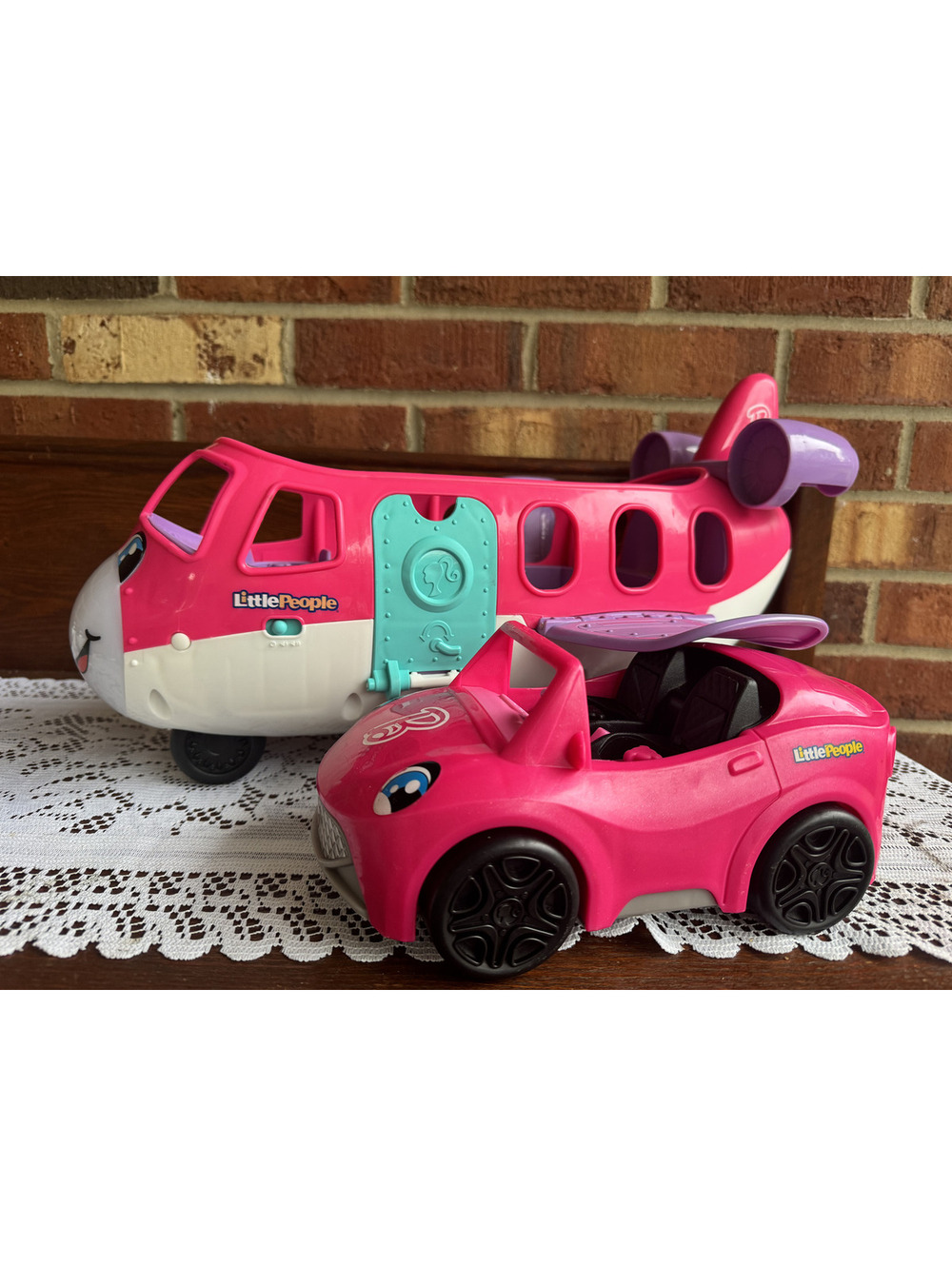 Little People Pink Barbie Airplane and Convertible Car Toy Bundle - WORKING